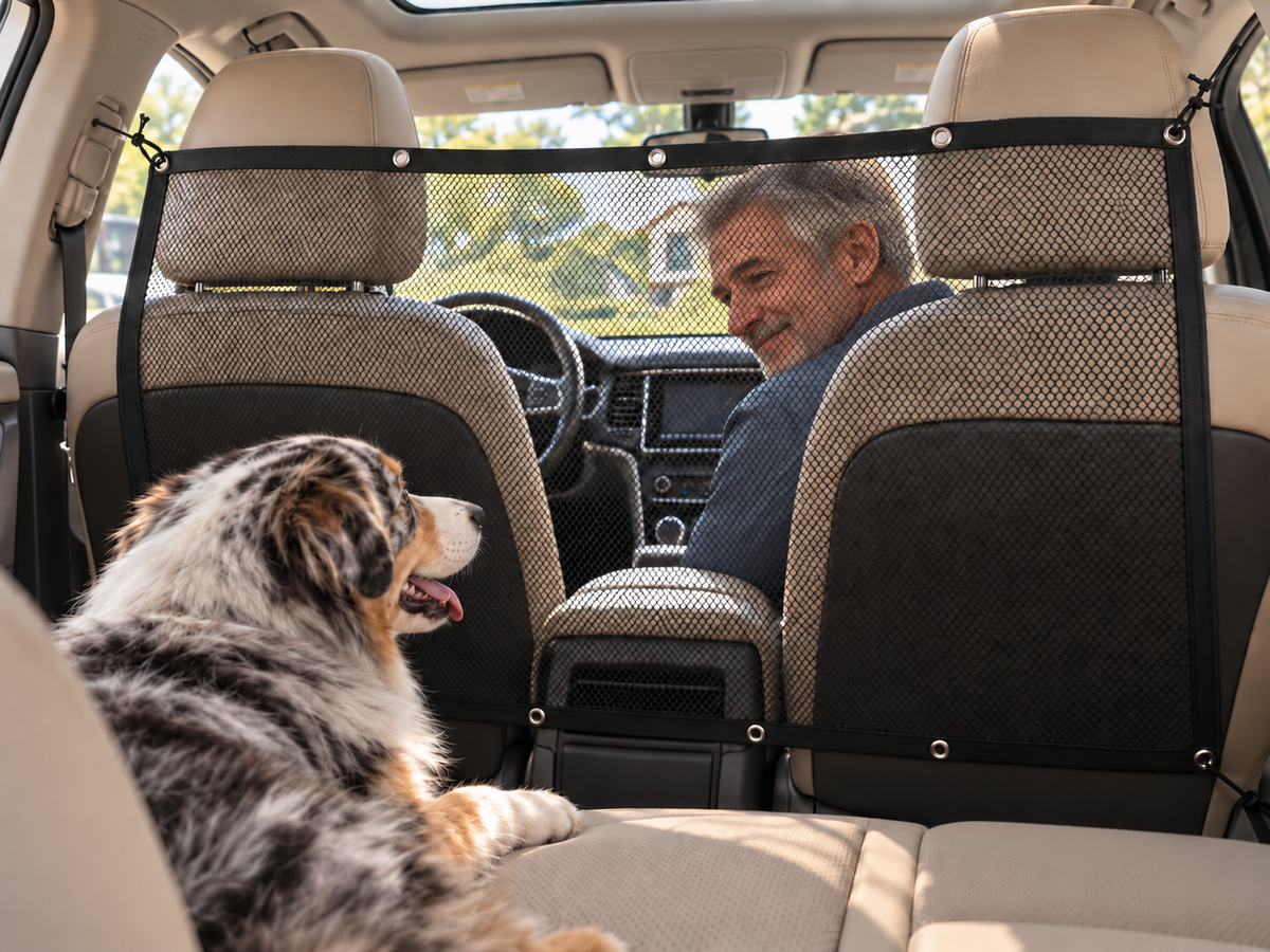 Contact visuel entre un passager avant et un chien à travers le filet de séparation SAFYDOG™