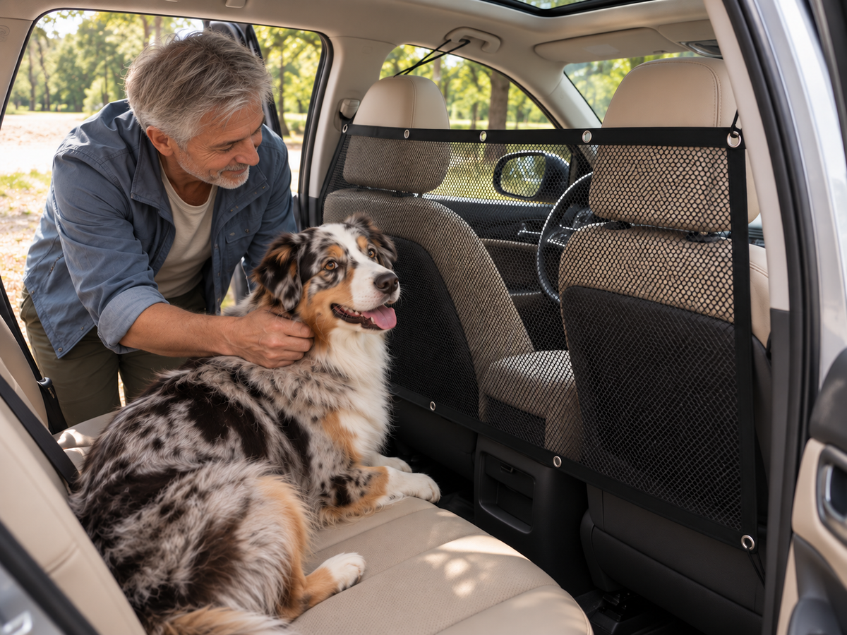 Maître préparant le départ avec son chien sur la banquette arrière et le filet SAFYDOG™ installé