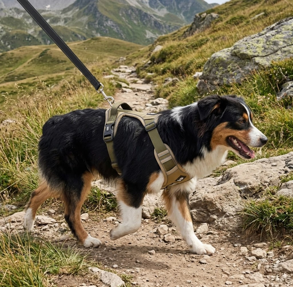 Chien noir et blanc portant un harnais anti-traction renforcé kaki sur un sentier de montagne