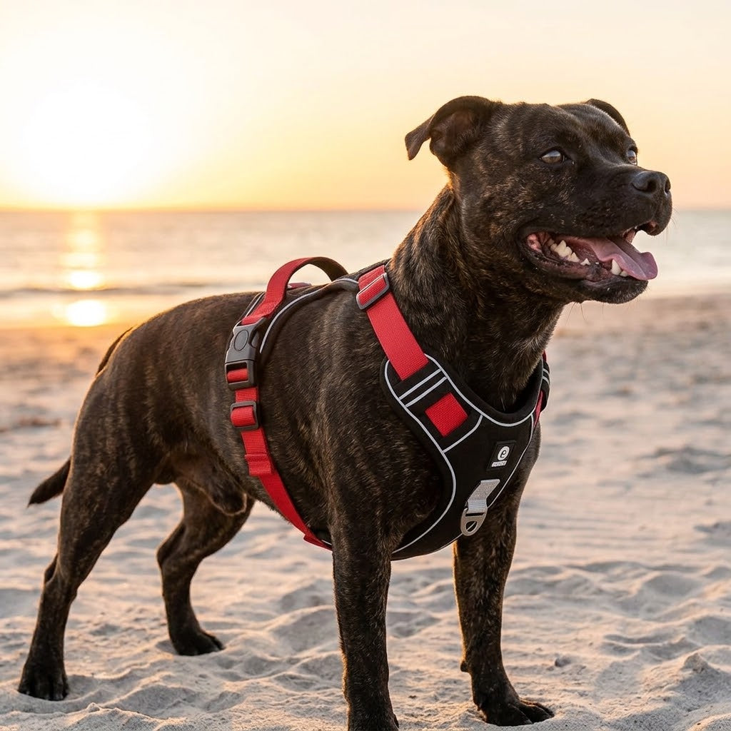 Chien portant un harnais anti-traction renforcé noir et rouge sur une plage
