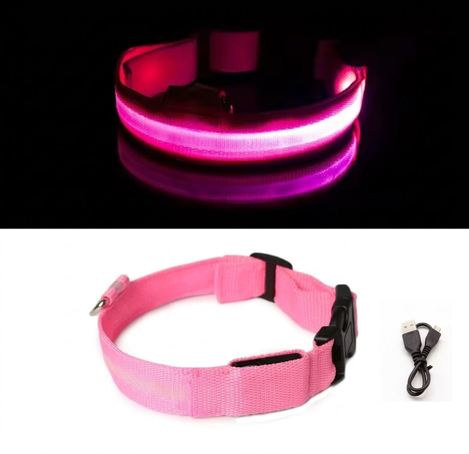 Collier LED rose allumé puis éteint, avec son câble de recharge USB