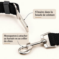 Détail de la boucle et du mousqueton d'une ceinture de sécurité voiture pour chien noire