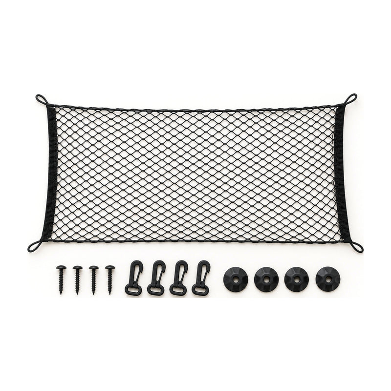 Filet de protection voiture pour chien SAFYDOG™ déplié avec ses vis, crochets et rondelles, sur fond blanc