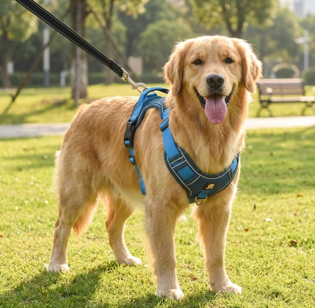 Golden retriever portant un harnais anti-traction renforcé bleu dans un parc