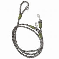 Laisse mains libres pour chien gris rayé avec anneaux et mousquetons sur fond blanc