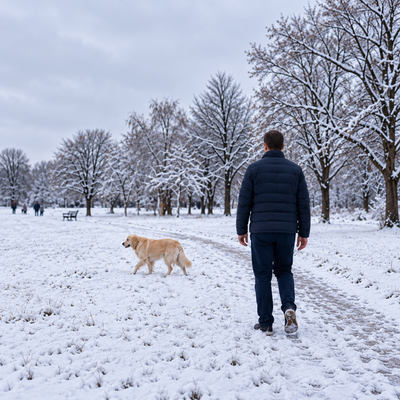 Homme promenant son chien en exterieur sous la neige en hiver