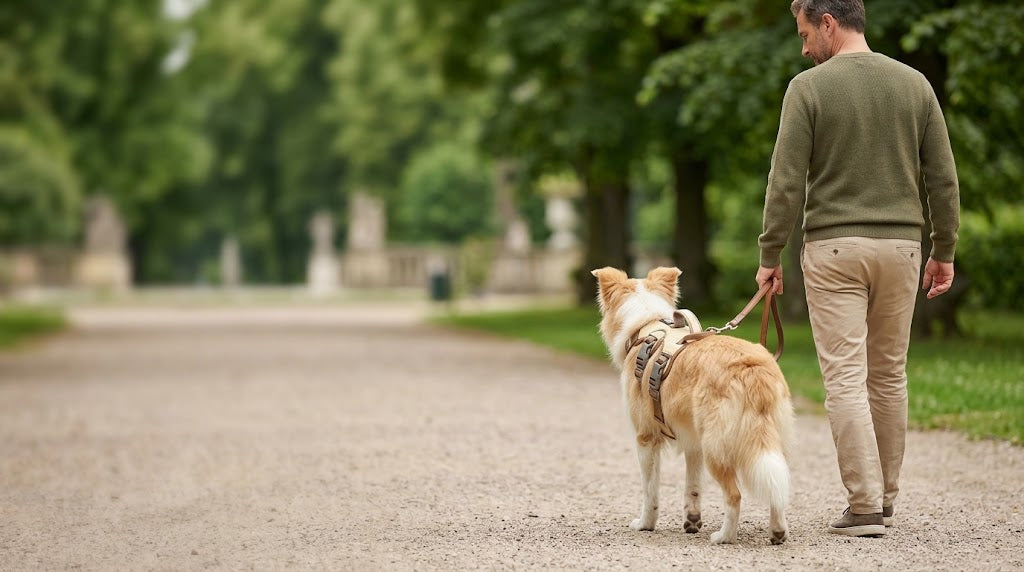 Chien équipé d’un harnais lors d’une promenade avec son maître dans une allée de parc