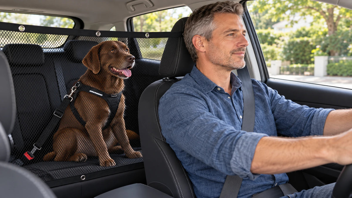 Un chien chocolat assis à l’arrière d’une voiture, derrière un filet de séparation, tandis que son maître conduit