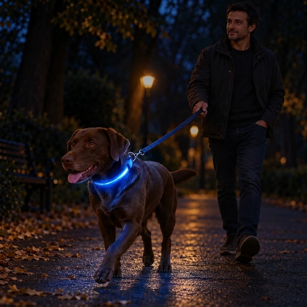 Chien portant un collier lumineux bleu lors d’une promenade en laisse dans un parc au crépuscule.