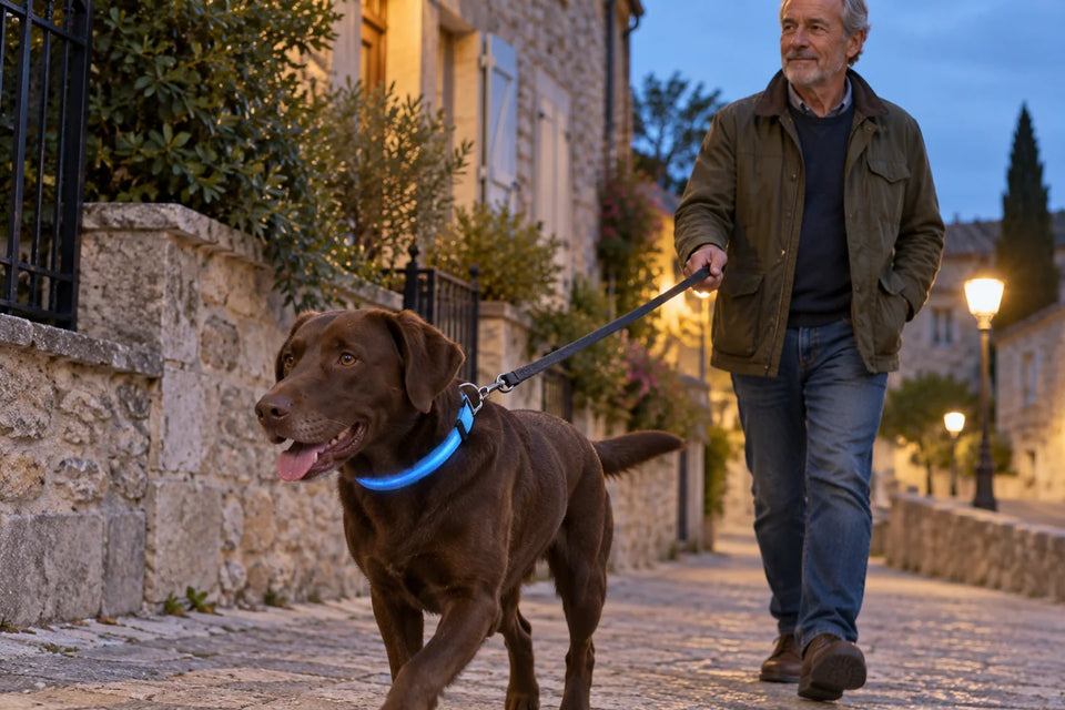 Homme et chien portant le collier LED USB bleu au crépuscule
