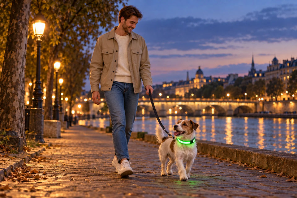 Homme de 25 ans promenant un terrier portant un collier LED vert au crépuscule