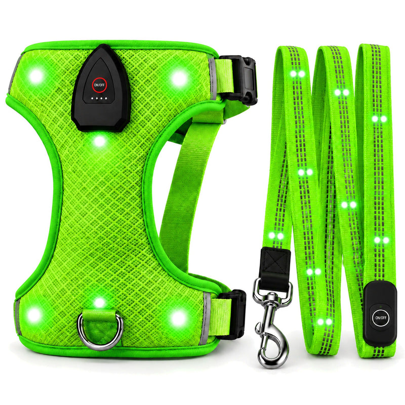 Harnais lumineux vert et laisse LED assortie incluse sur fond blanc