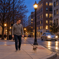 Homme promenant son chien en ville au debut de la nuit