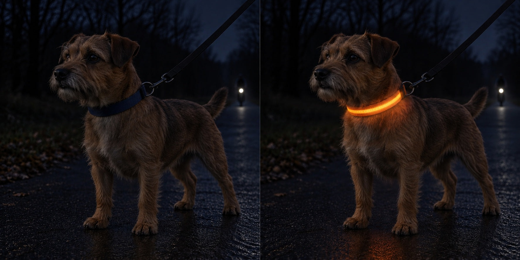 Illustration reconstituée : chien de nuit portant un collier classique sans LED, un cycliste au loin ; Illustration reconstituée : le même chien portant le collier LED SAFYDOG™ allumé, un cycliste au loin