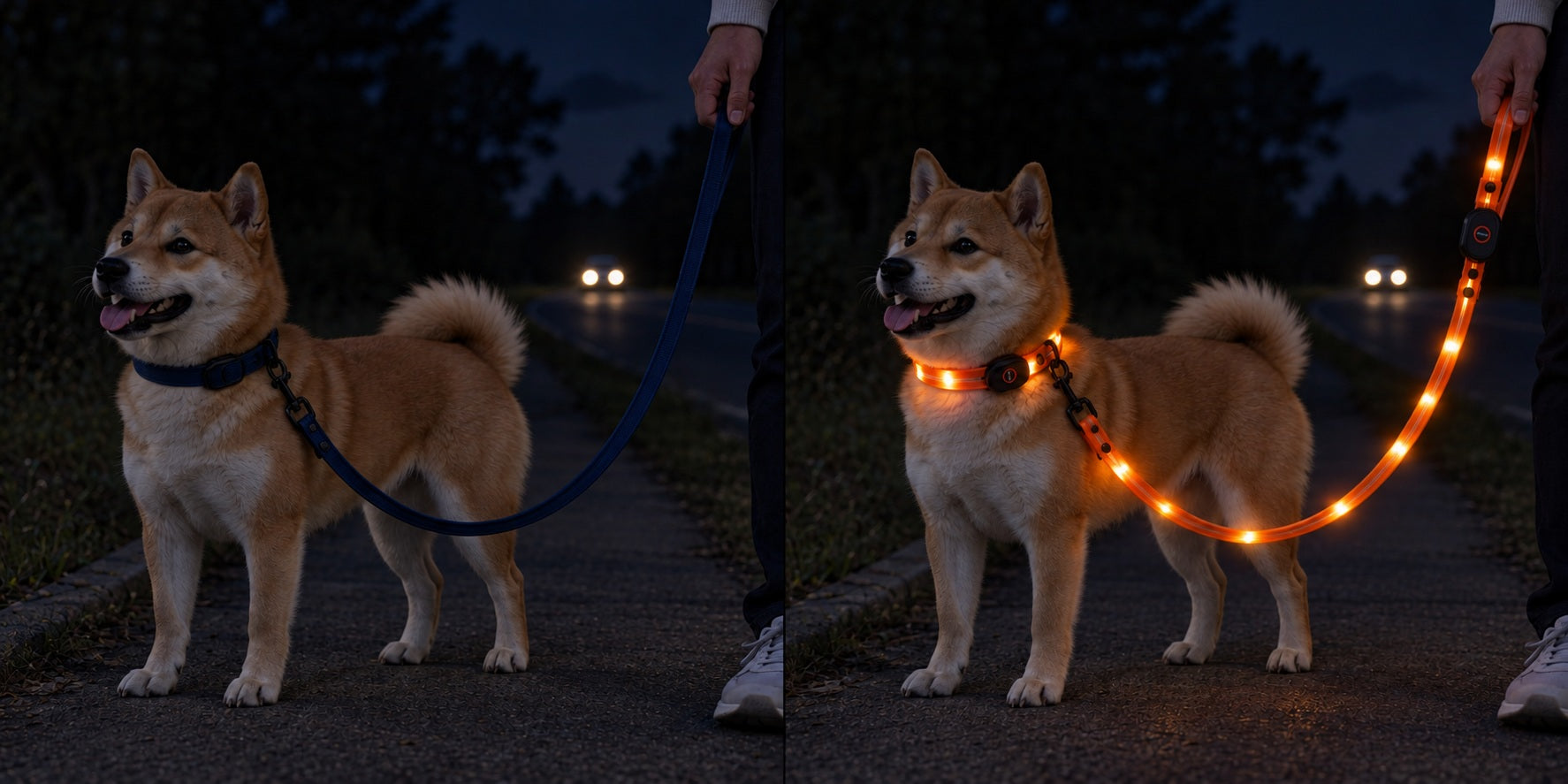 Illustration reconstituée : chien de nuit avec un collier et une laisse classiques sans LED, une voiture au loin ; Illustration reconstituée : le même chien avec le collier et la laisse LED SAFYDOG™ allumés, une voiture au loin
