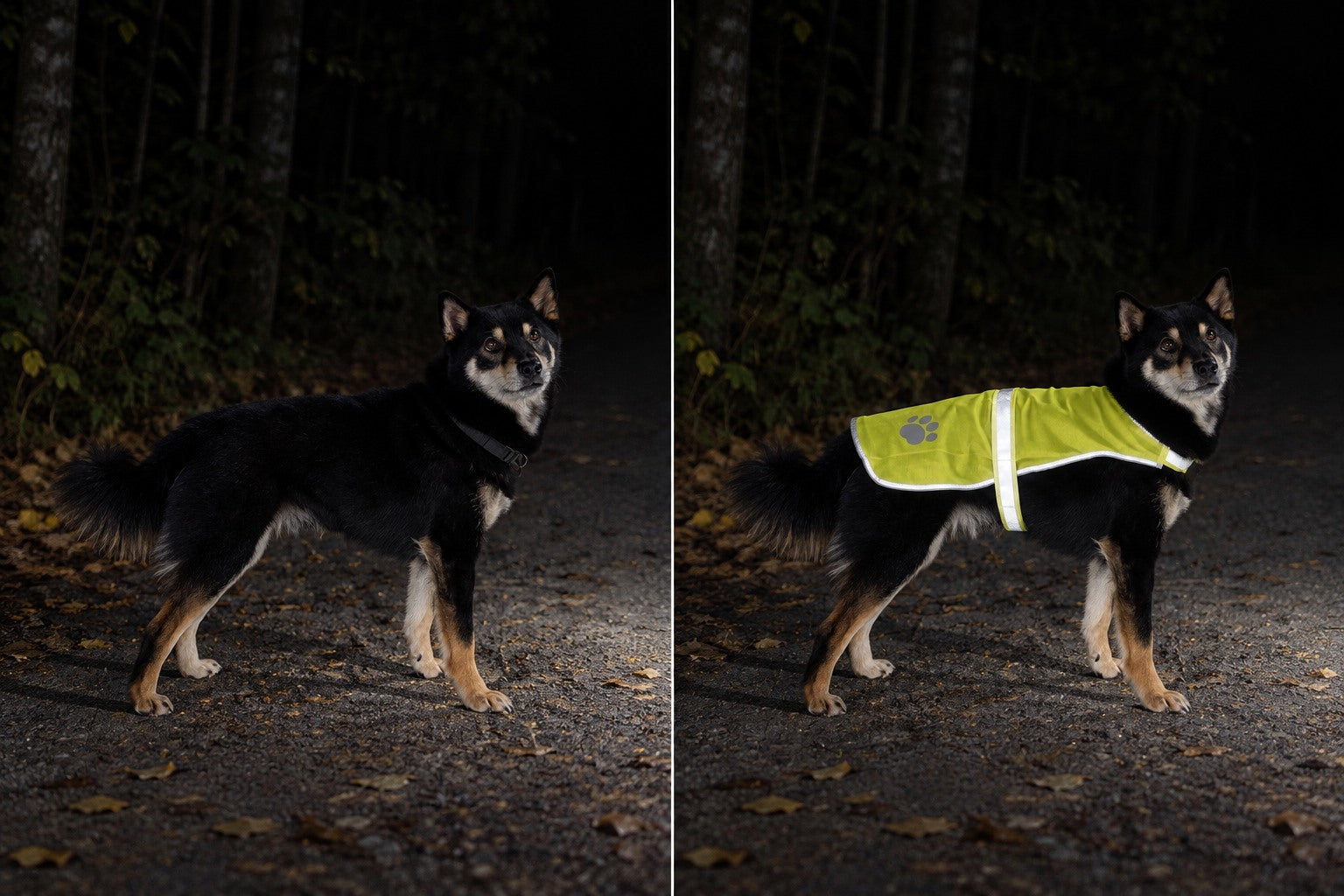 Illustration reconstituée : chien de nuit sur un chemin éclairé par une lumière extérieure, sans gilet ; Illustration reconstituée : le même chien avec le gilet jaune fluo dont les bandes réfléchissantes renvoient la lumière