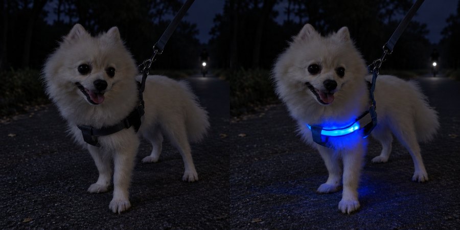 Illustration reconstituée : petit chien de nuit portant un harnais classique sans LED, un cycliste au loin