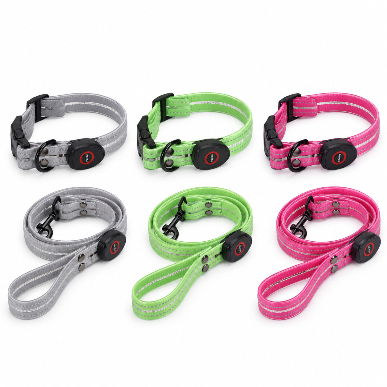 Ensembles collier et laisse LED éteints, présentés en gris, vert et rose.
