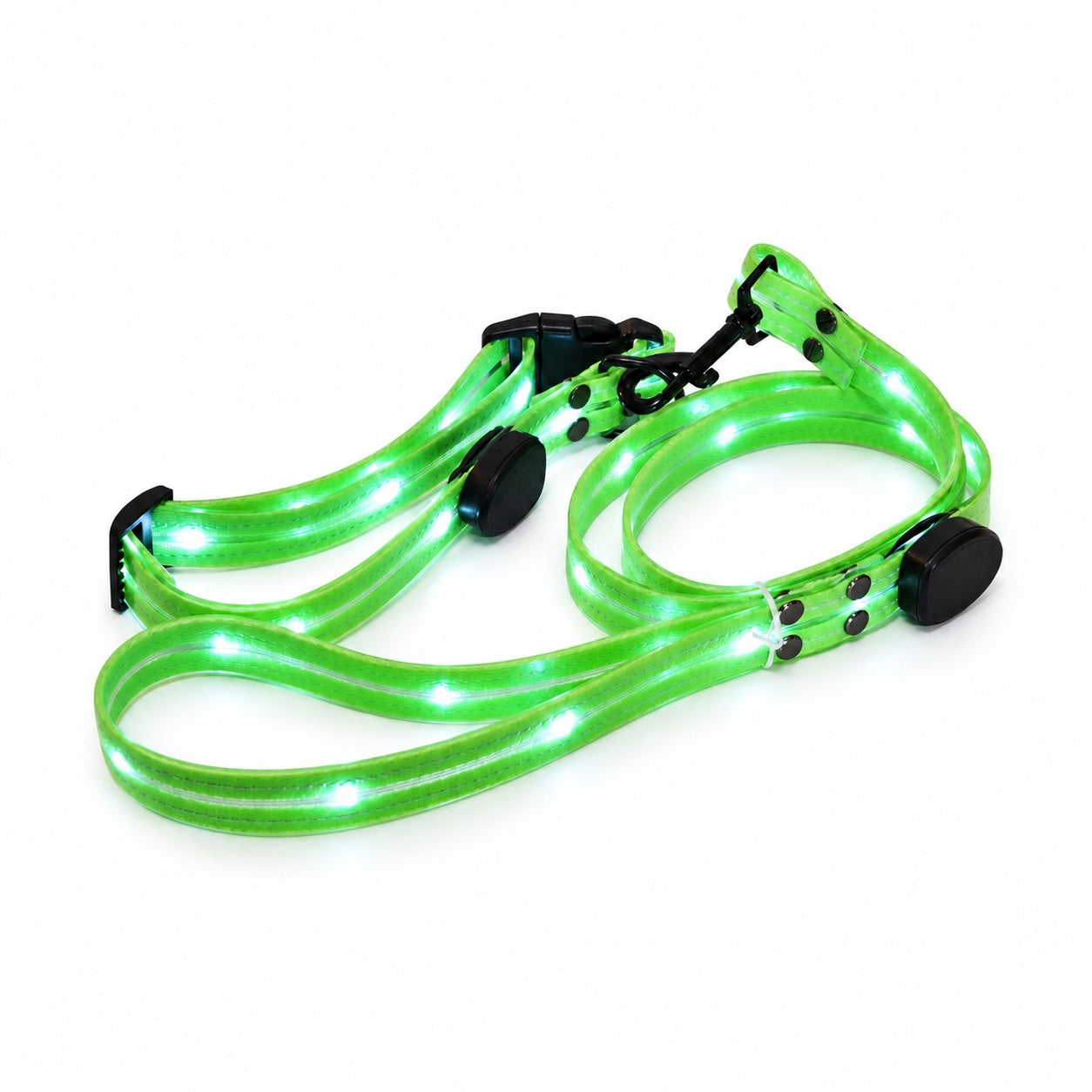 Ensemble collier et laisse LED vert allumé sur fond blanc, avec les deux boîtiers, la poignée de laisse et le mousqueton
