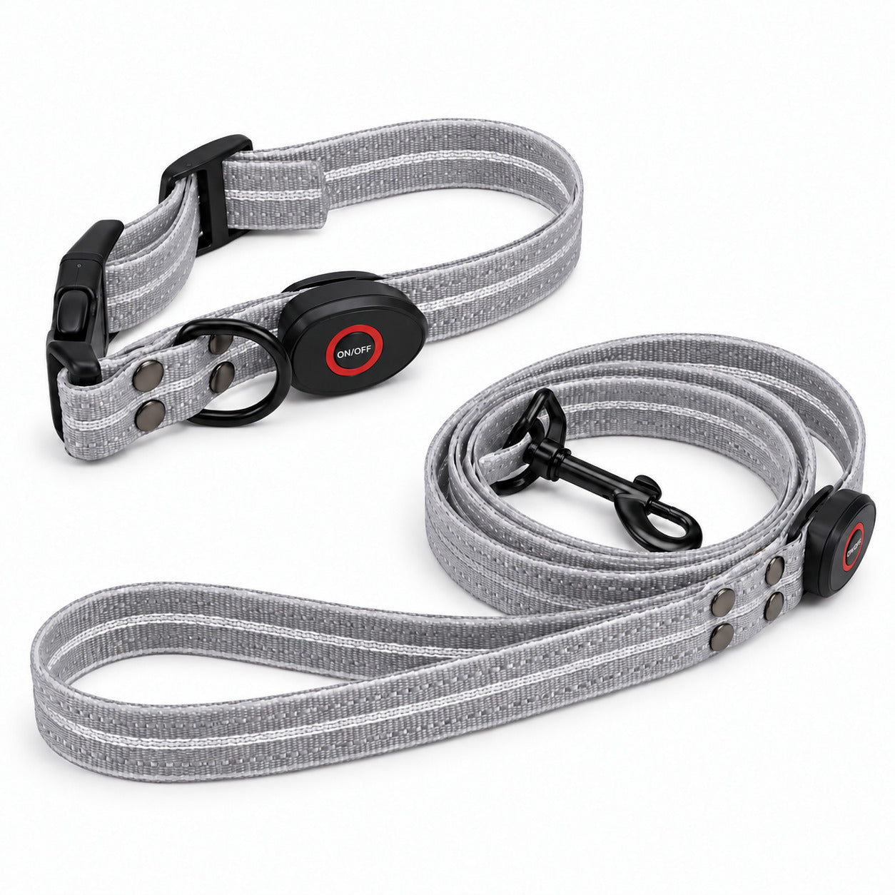 Ensemble collier et laisse LED USB-C Gris sur fond blanc