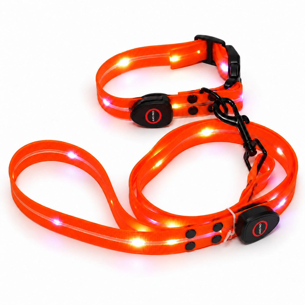 Ensemble collier et laisse LED USB-C Orange sur fond blanc