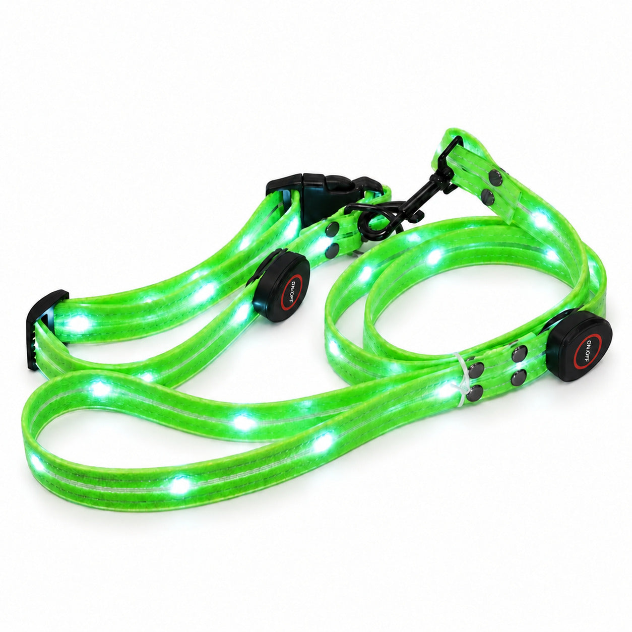 Ensemble collier et laisse LED USB-C Vert sur fond blanc