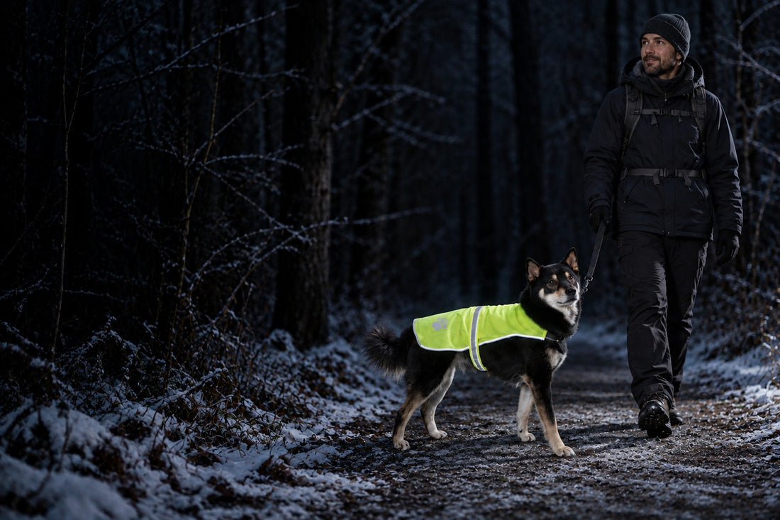 Illustration reconstituée : un homme en tenue d’hiver promène son chien portant le gilet réfléchissant, en forêt de nuit