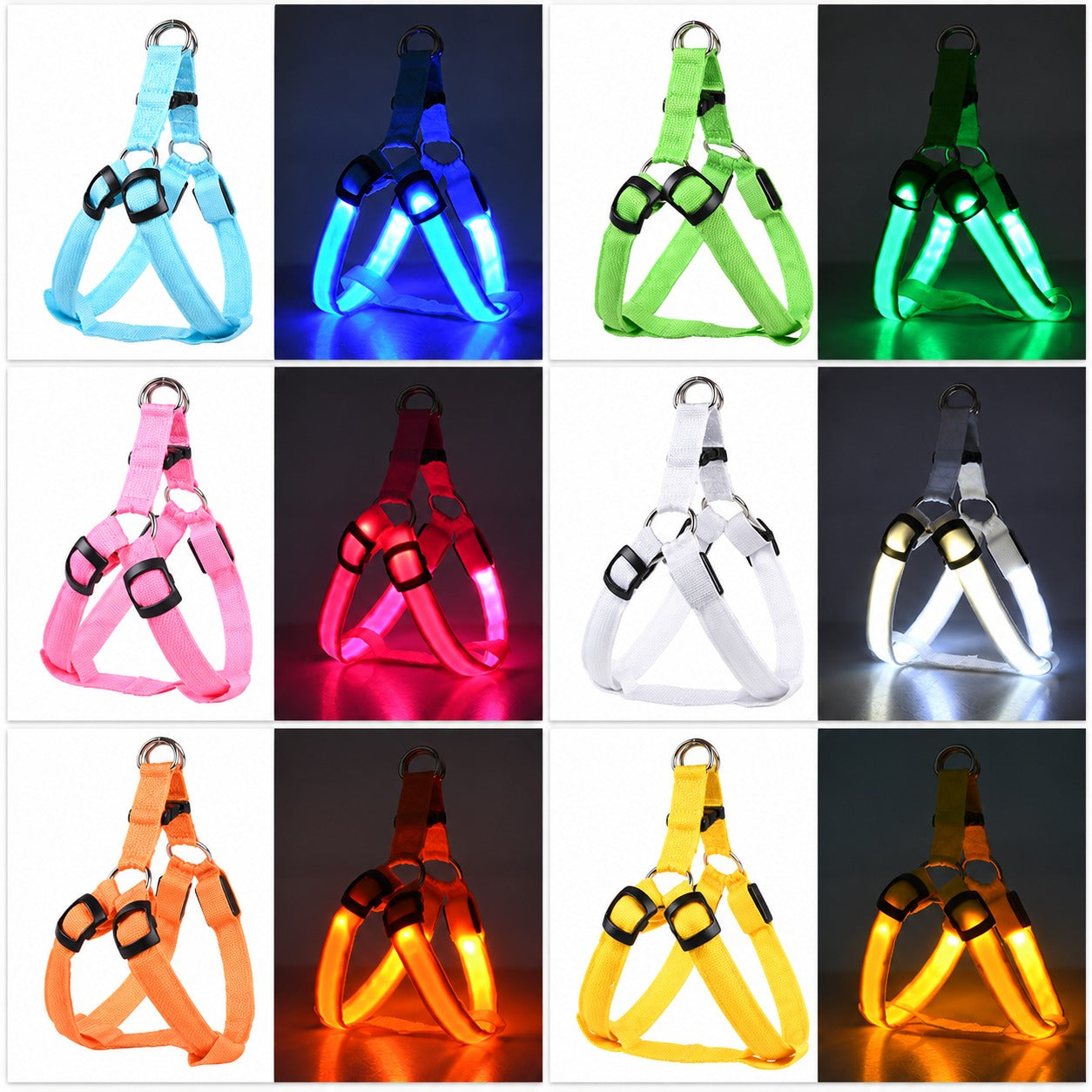 Comparaison des six coloris du harnais LED réglable, éteints puis allumés