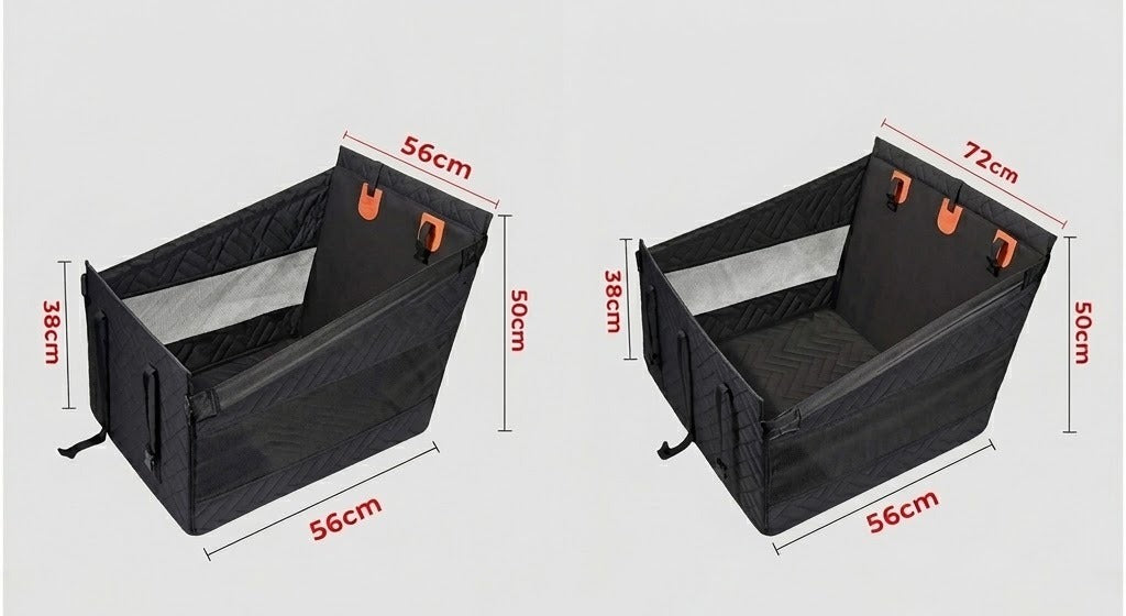 Schéma des dimensions, modèle noir illustré : le Moyen à gauche, 56 × 56 cm, et le Grand à droite, 72 × 56 cm